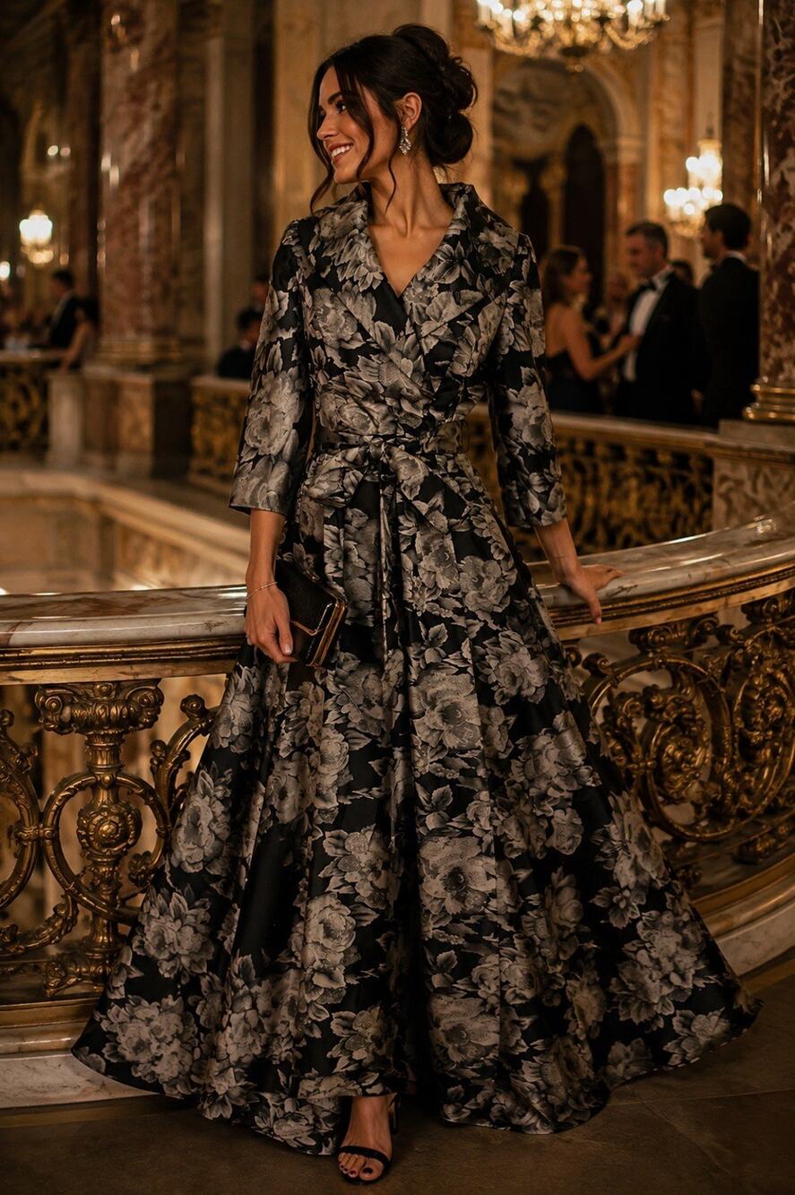 Alex Evenings Floral Jacquard Brocade Wrap Collar Belted Maxi Dress Size 4